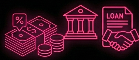 Neon line art icons of financial symbols including money stacks with a percentage sign, coins, a bank building, and a loan agreement with a handshake.