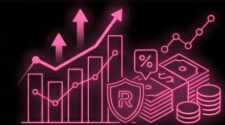 Pink financial chart with upward trending arrows, bar graph, percentage symbol, dollar bills, coins, and shield with R, representing growth and wealth.