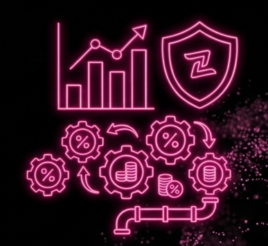 Neon pink graphics of a growth chart, shield with a 'Z' inside, gear icons with percentages, stacked coins, and a pipeline, representing finance, security, and process concepts.