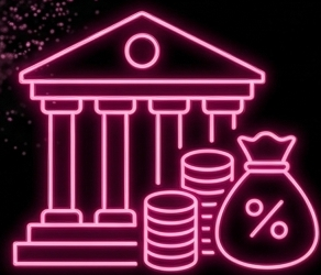 Neon pink outline of a classical bank or government building with columns, and a money bag, coins, and percentage sign in front of it.