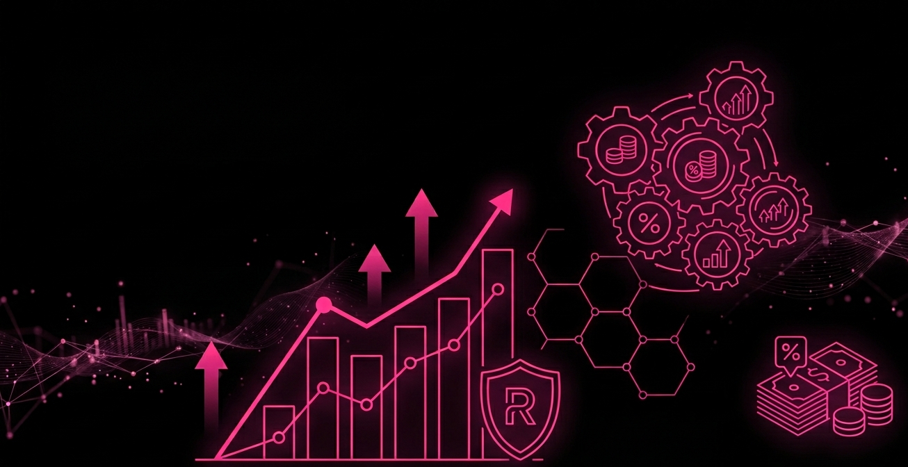 Pink digital line graphs, gears with currency and growth icons, hexagonal patterns, and money symbols on a black background representing financial growth and investment.