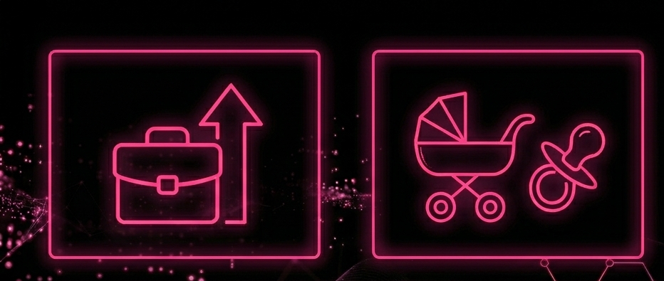 Neon pink icons of a briefcase with an upward arrow, a baby stroller, and a pacifier.