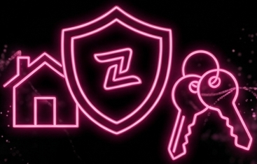 Neon pink sign featuring a house, a shield with a Z symbol, and two keys.