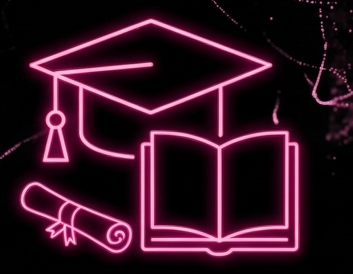 Neon pink outline of a graduation cap, open book, diploma, and tassel on a dark background.