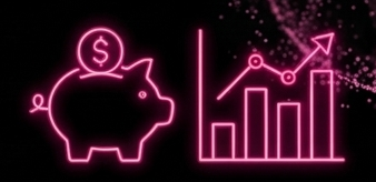Neon pink illustration of a piggy bank with a dollar sign and a bar chart with upward trend and spark effects.