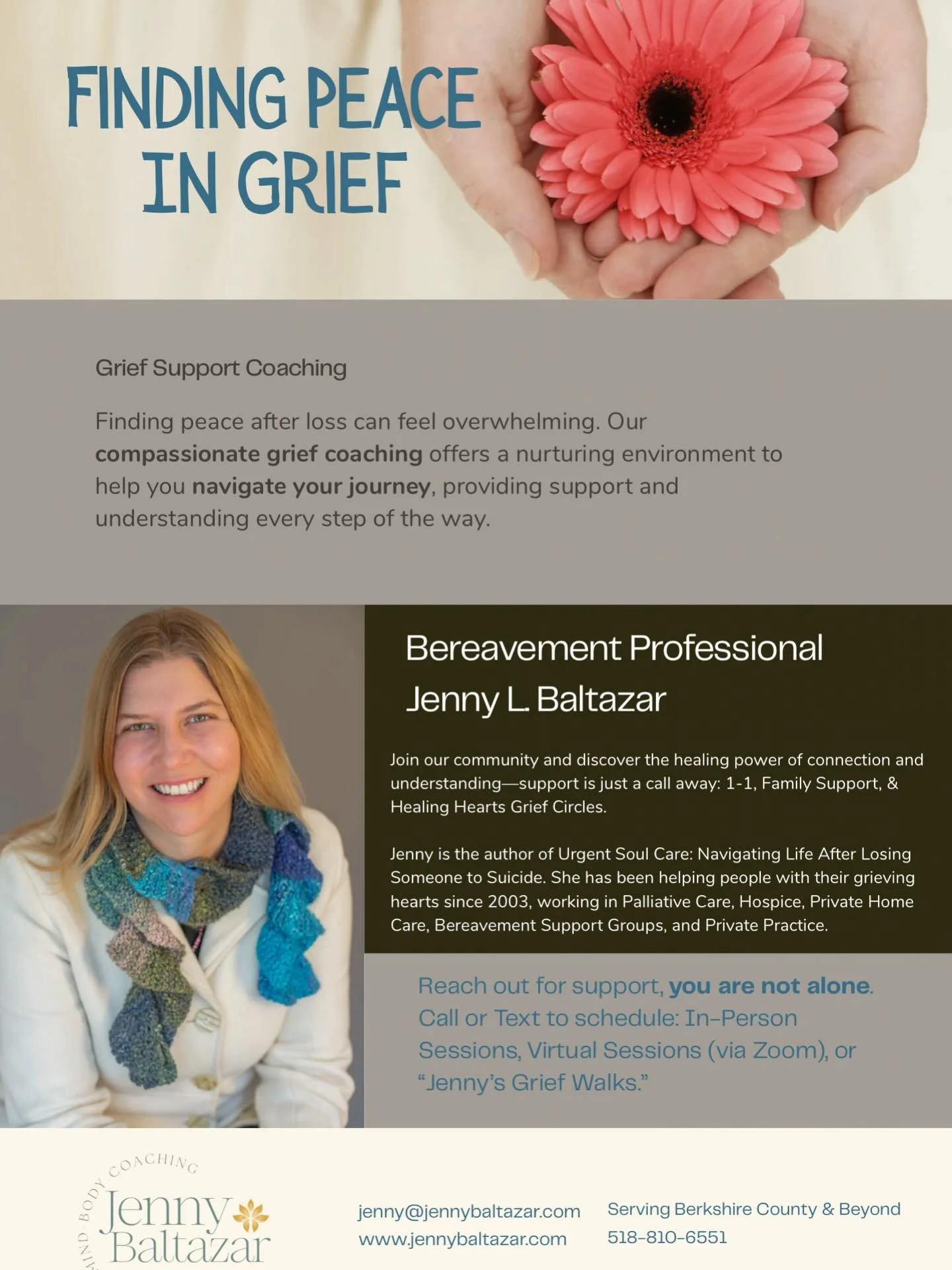 Helping hearts heal since 2003 -
Via Zoom 
In-Person
On a &ldquo;Grief Walk&rdquo; 

In your own time and space&hellip;

I&rsquo;m here to support you.
You don&rsquo;t need to feel alone.
I&rsquo;m here by your side.
AND I truly understand. 

Providi
