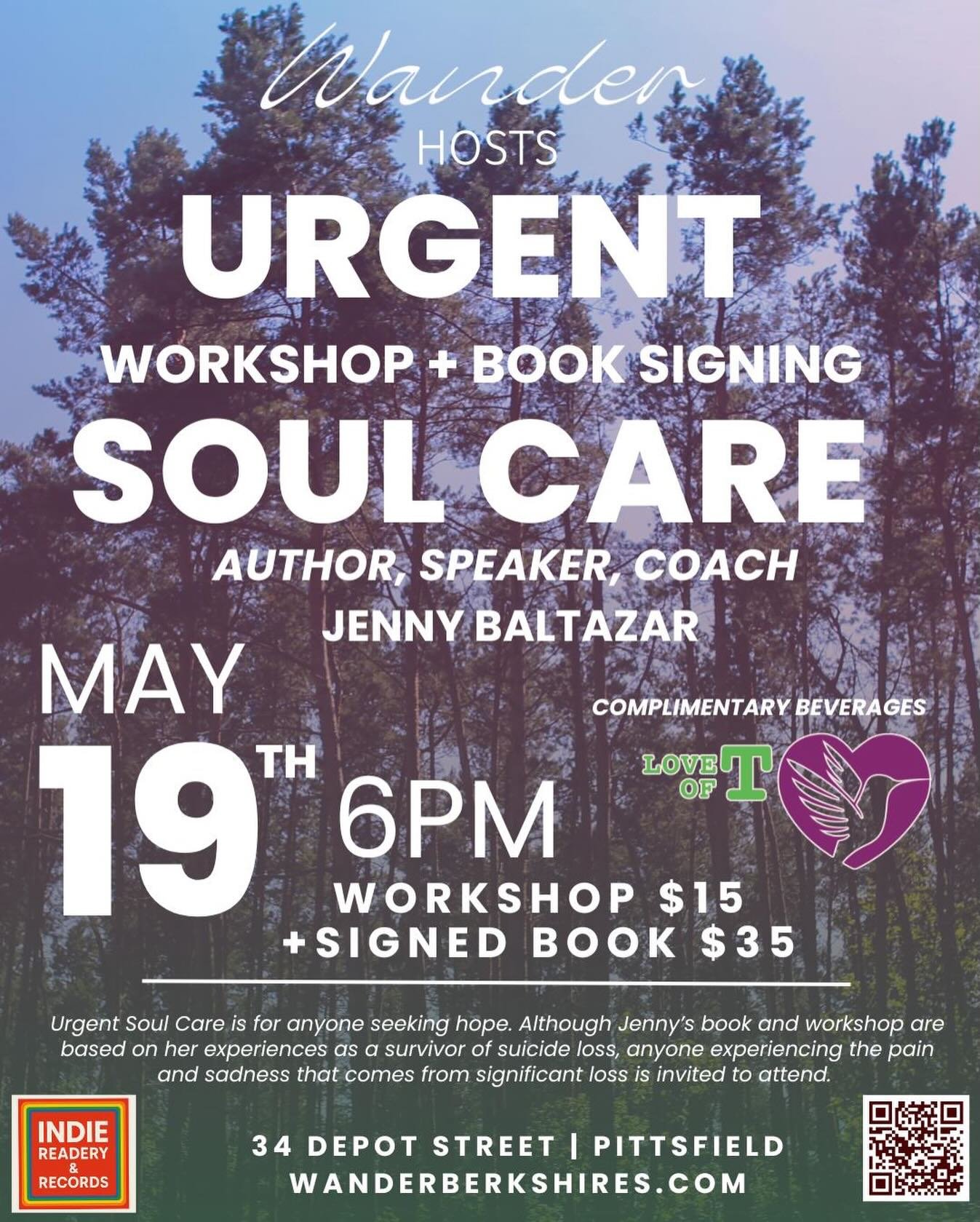 MY BOOK TOUR BEGINS HERE in the Berkshires, and I am honored to be offered the space @wanderberkshires to share Urgent Soul Care and the support of @loveoftfoundation and @indiereaderyandrecords to share my story and care for others in the wake of su