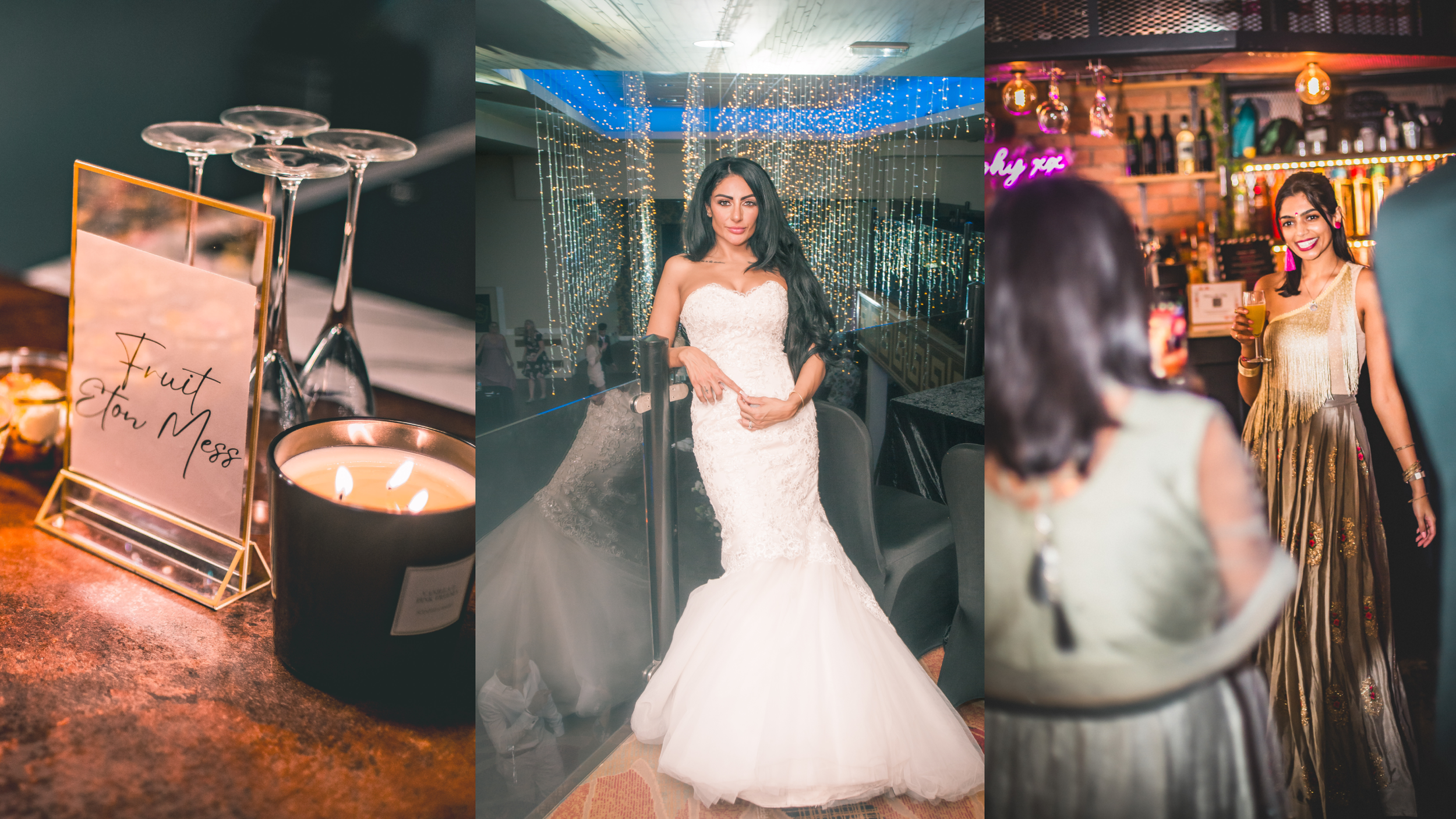 Decorative table with a sign reading 'Fruity Foam' and a lit candle, a woman in a wedding gown at a celebration event with fairy lights overhead, and a woman in traditional attire holding a drink at a festive gathering.