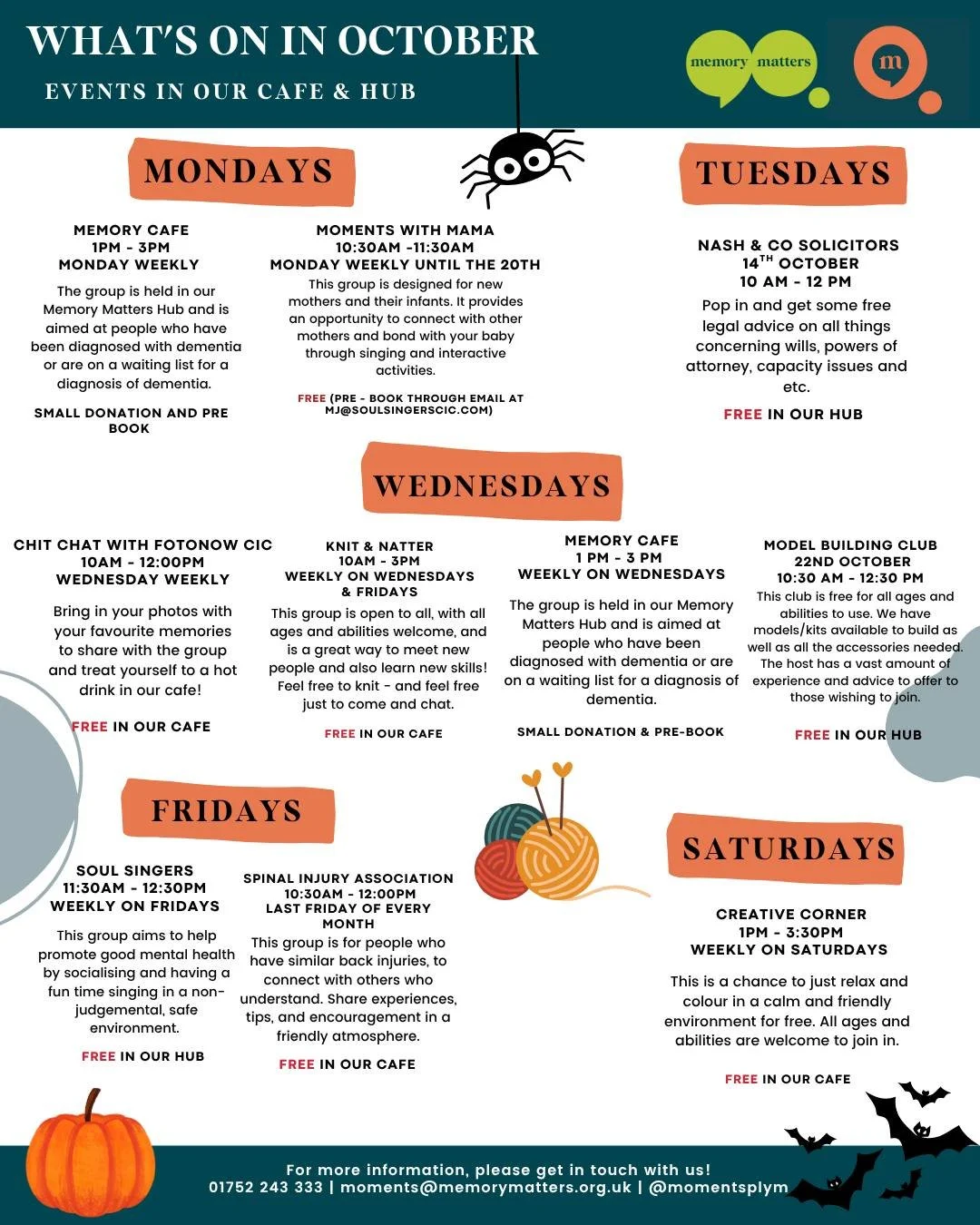 What's on in October 🎃 

Whether you're looking for a new hobby, a chance to socialise, or just a welcoming space, we have a diverse range of groups running right in the cafe and hub.

You can now find our groups on our website at https://www.memory