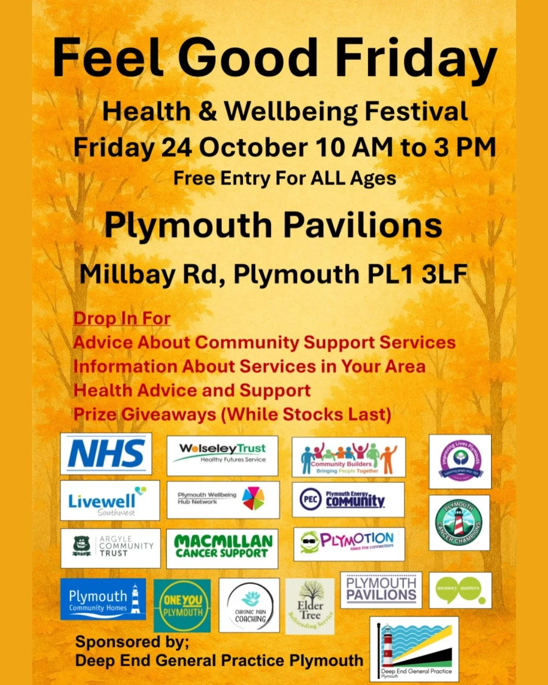 Looking for local support? We'll be at the Feel Good Friday Health &amp; Wellbeing Festival!💚

Make sure to drop in to the @plymouthpavilions  on Friday 24 October between 10am and 3pm. This is a great opportunity to connect with various organisatio