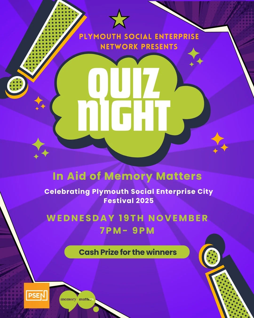 The @plymsocent  presents QUIZ NIGHT in aid of Memory Matters!

This fun-filled evening is part of the Plymouth Social Enterprise City Festival 2025 celebration, giving you a perfect chance to test your knowledge, enjoy some competitive fun and best 