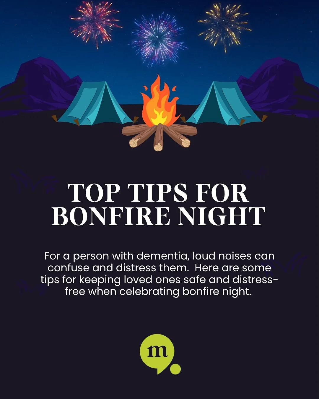 Bonfire Night can be confusing and distressing for a person living with dementia due to loud noises and bright flashes🎆

Swipe through for helpful tips on how to keep your loved one safe and comfortable tomorrow night!💚

 #DementiaCare #BonfireNigh