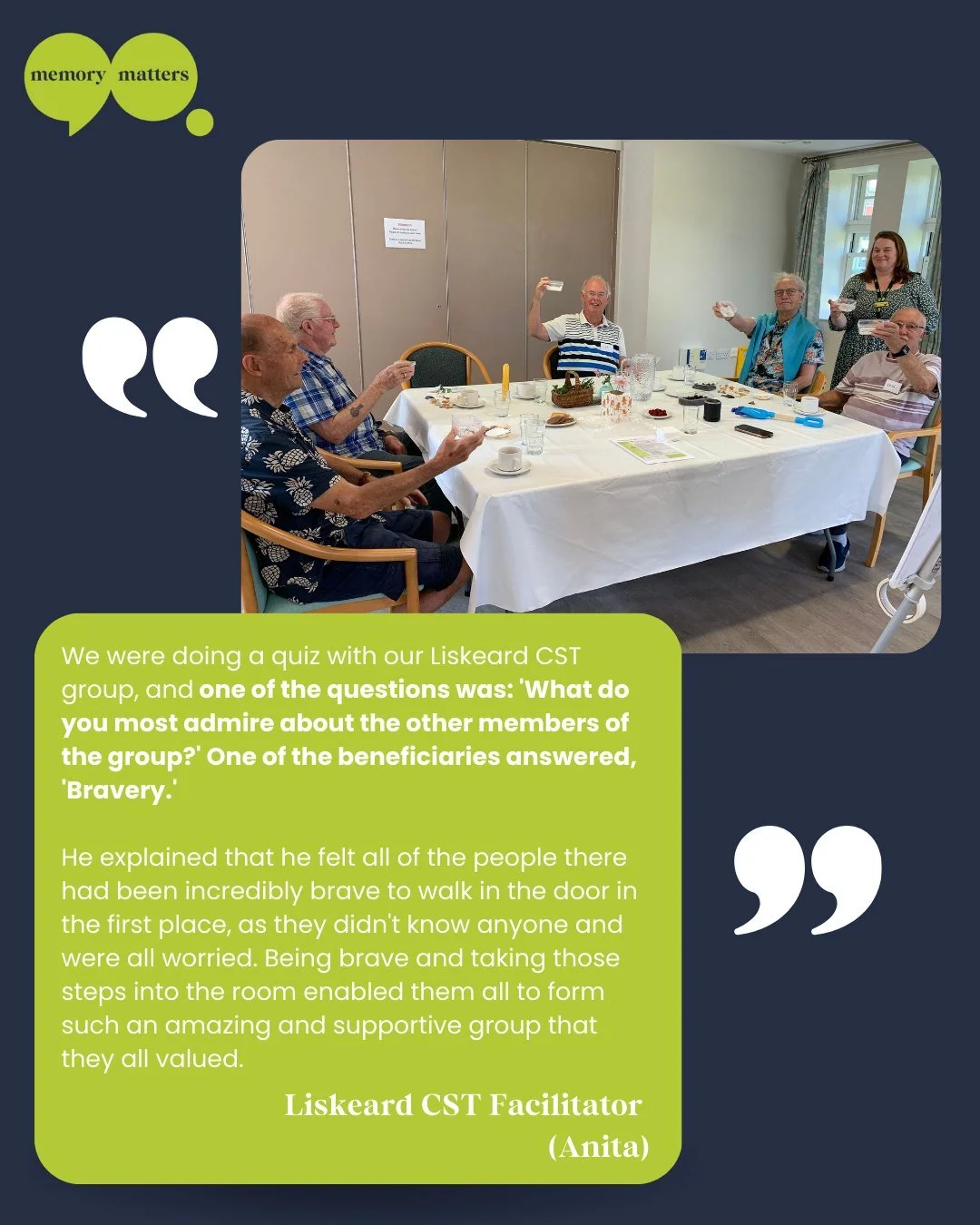 What builds a supportive CST group? Bravery. 💚

We recently asked our Liskeard Cognitive Stimulation Therapy (CST) members what they most admire in one another. The response was powerful and unanimous: Bravery.

This impactful story reminds us that 