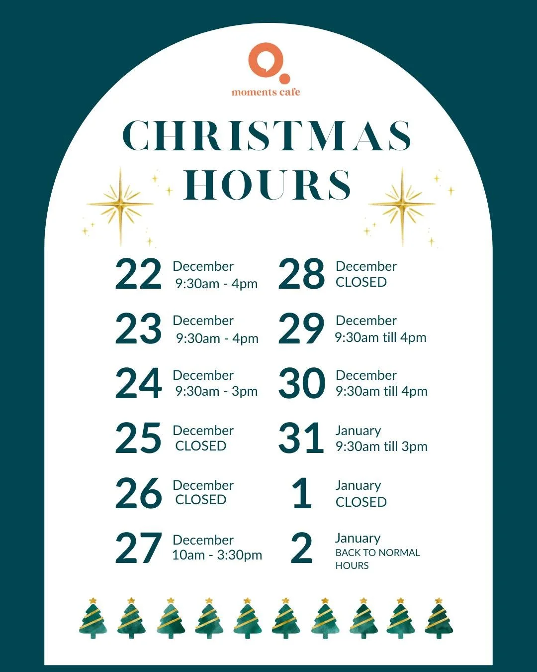 Christmas Opening Hours ⭐☕

The holidays are here, and we're ready to fuel your festivities! We've adjusted our hours slightly to ensure our incredible team gets time off, and that you still get all the treats and brews you need 🫶

Please save these