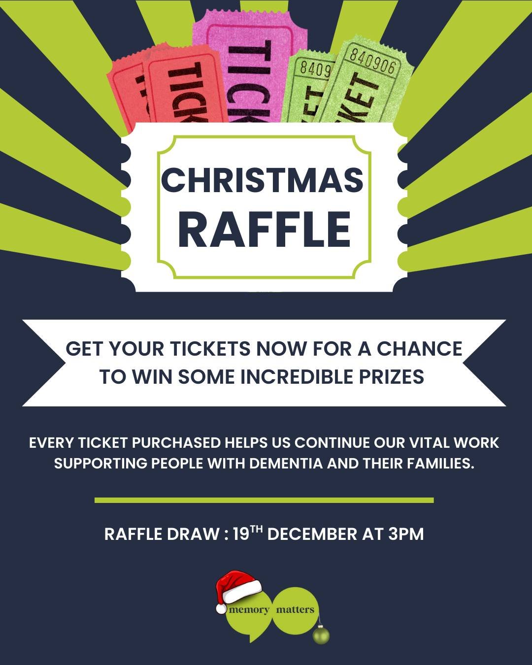 ONLINE RAFFLE TICKETS ARE LIVE! 💻

For the fastest way to enter our Christmas Raffle, grab your tickets right now on our website!🎟🎁

Buy Instantly Here: https://www.memorymatters.org.uk/memorymattersevents/christmas-raffle

DRAW DATE: Tuesday, Dec