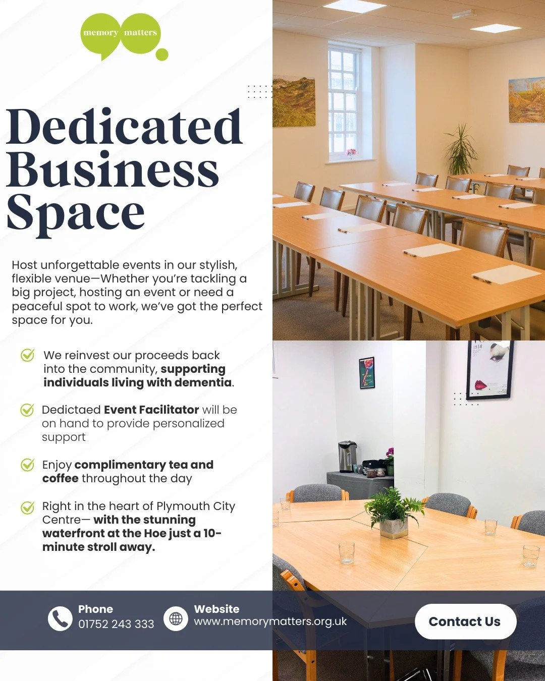 Looking for a professional space that gives back? 💚

At Memory Matters Plymouth, our dedicated business rooms are ideal for businesses, charities and community organisations seeking a bright, central and fully supported venue for meetings, training,