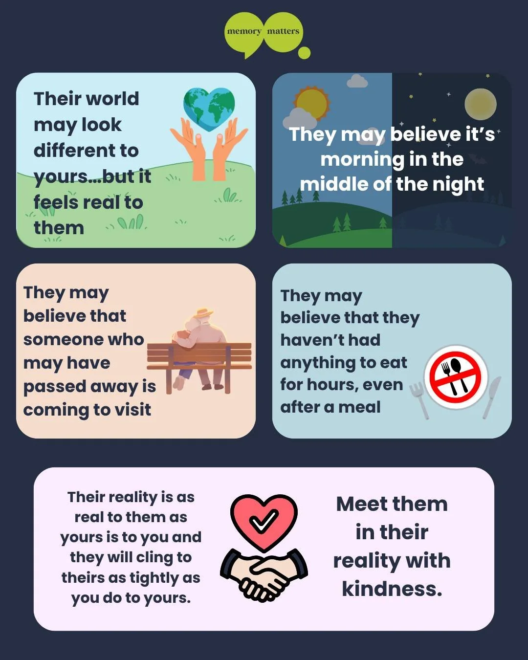 At Memory Matters, we know that dementia can change how a person experiences the world 🌍

What may seem confusing to us feels very real to someone living with memory loss. 

Responding with patience, reassurance, and empathy&mdash;instead of correct