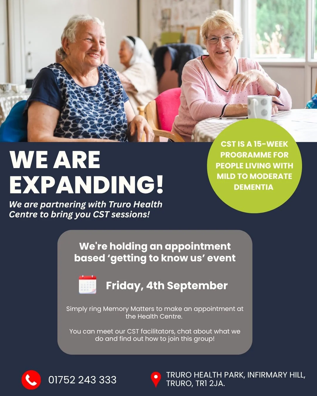We&rsquo;re delighted to be partnering with Truro Health Centre to bring our Cognitive Stimulation Therapy (CST) sessions to Truro! 💚

CST is a 15-week programme for people living with mild to moderate dementia, offering a chance to stimulate the br