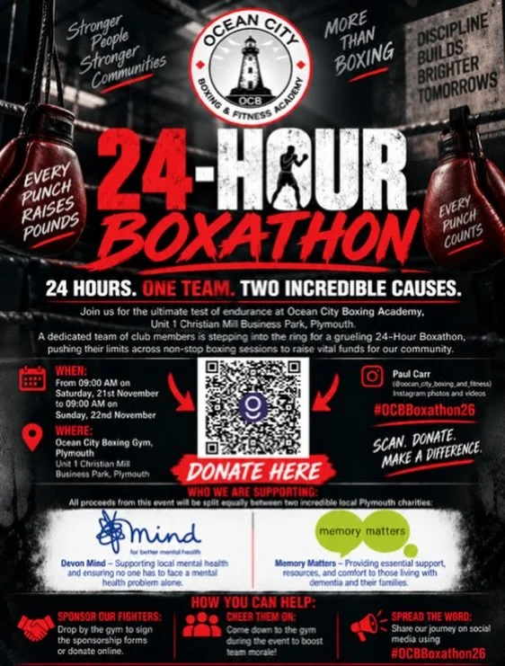 We&rsquo;re incredibly grateful to @ocean_city_boxing_and_fitness for creating this amazing 24-Hour Boxathon and choosing to raise money for Memory Matters and @minddevon.

Taking place from 9am on Saturday 21st November to 9am on Sunday 22nd Novembe