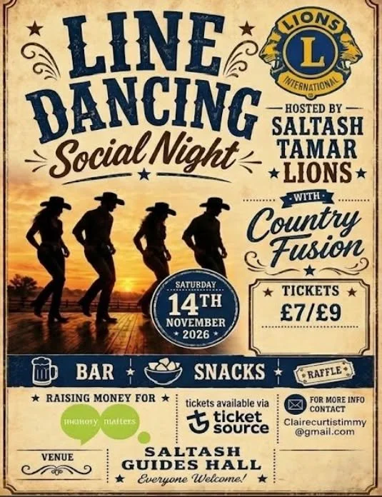🤠💚 An evening of line dancing, all for a great cause!

We&rsquo;re delighted to share that Saltash Tamar Lions are hosting a Line Dancing Social Night in aid of Memory Matters! 💚

Taking place on Saturday 14th November, it promises to be a fantast