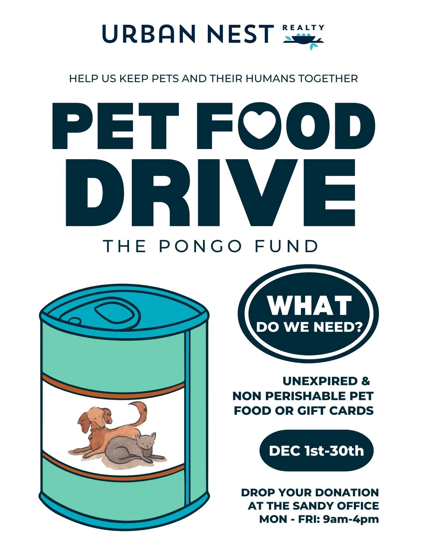 🐾 Pet Food Drive! 🐾

This December, we&rsquo;re collecting non-perishable, non-expired pet food and gift cards for The Pongo Fund, an amazing local nonprofit that helps keep pets and their humans together, loved, and fed.

If you&rsquo;d like to ch