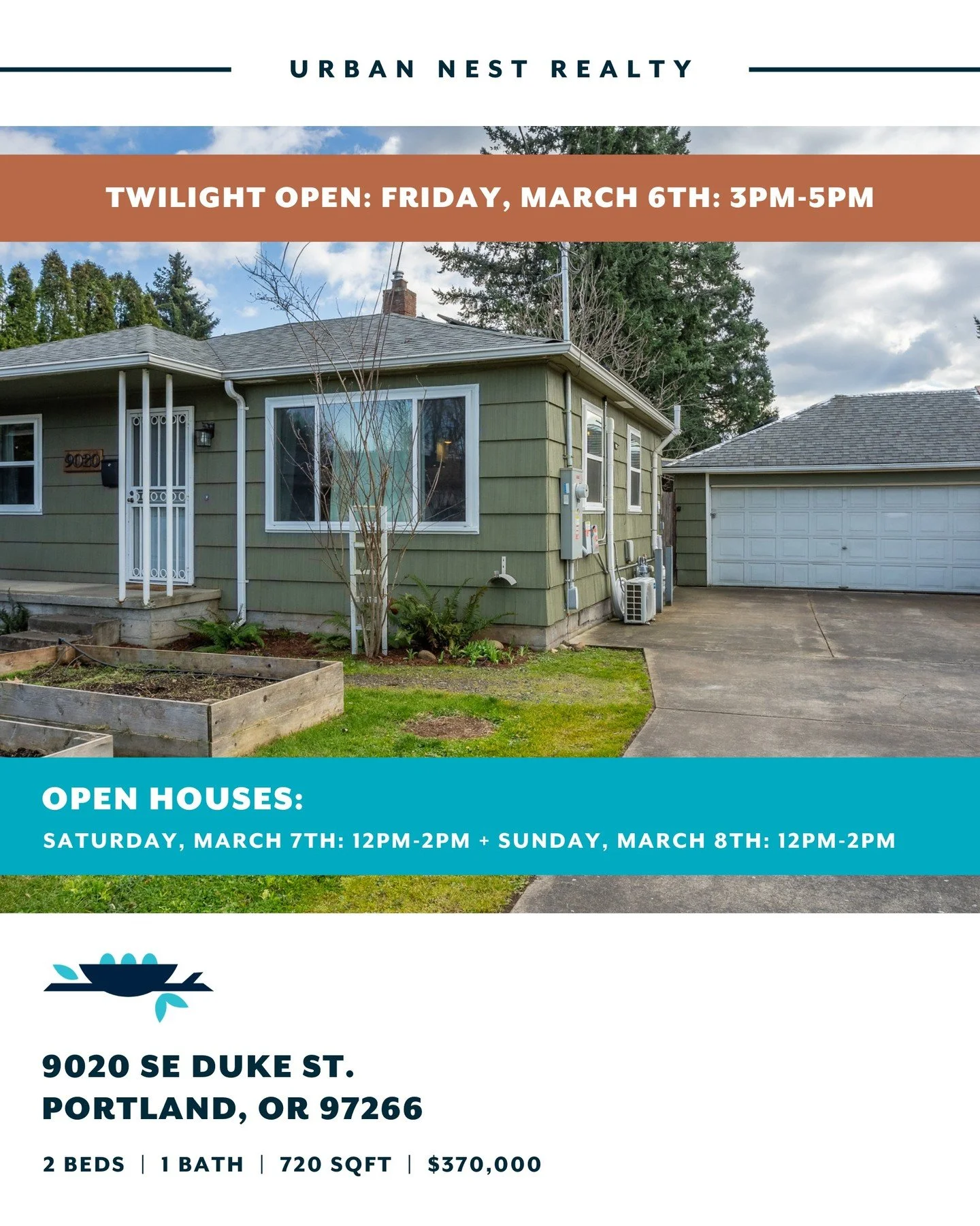 A little Portland rain never stopped a good house tour. Kick things off with three twilight opens Friday night, then swing by the rest of our open houses throughout the weekend.

🌆 Friday Twilight Opens:

9020 SE Duke St. Portland
3pm&ndash;5pm

123