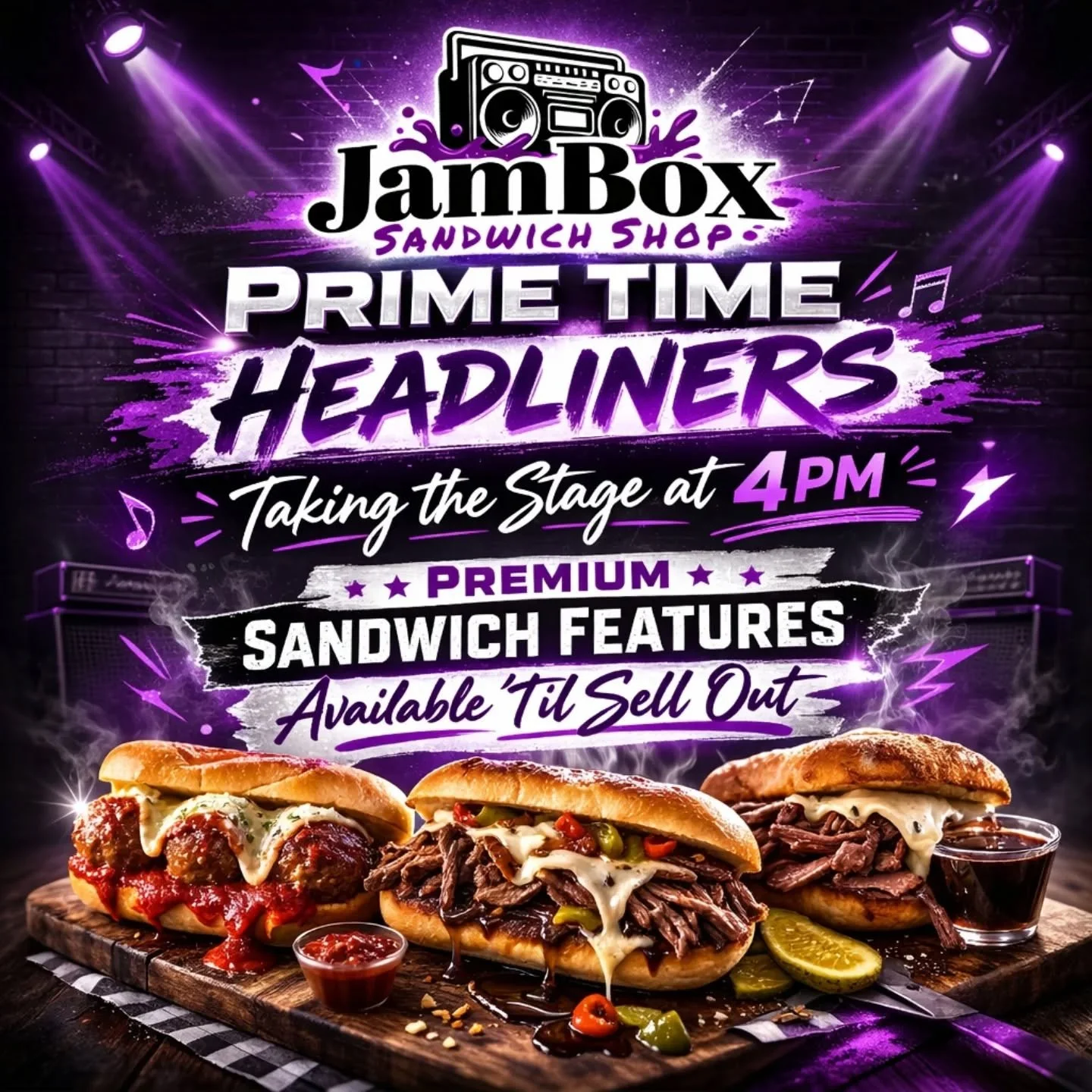Dinner just got louder! 🎤 

Prime Time Headliners are coming soon!!! 

 Premium hot sandwich features dropping at 4PM and available until sell out.

Big flavors! Limited Availability! Main stage energy!

The first Headliner hits soon. Stay tuned!

(