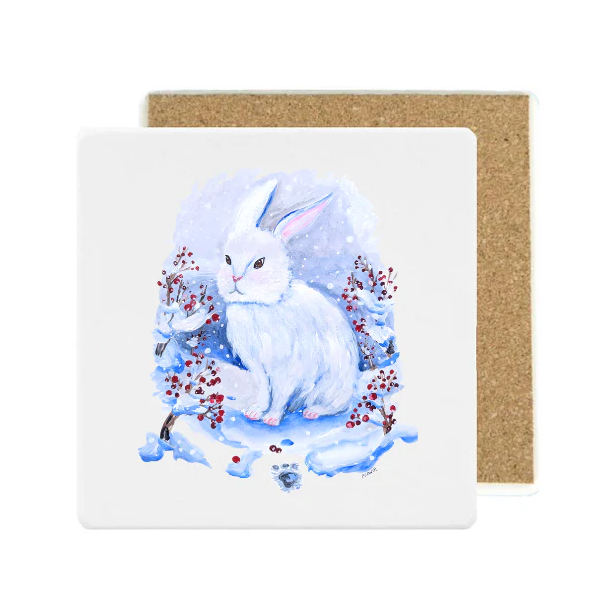 Square Ceramic Stone Coaster: Winter Bunny