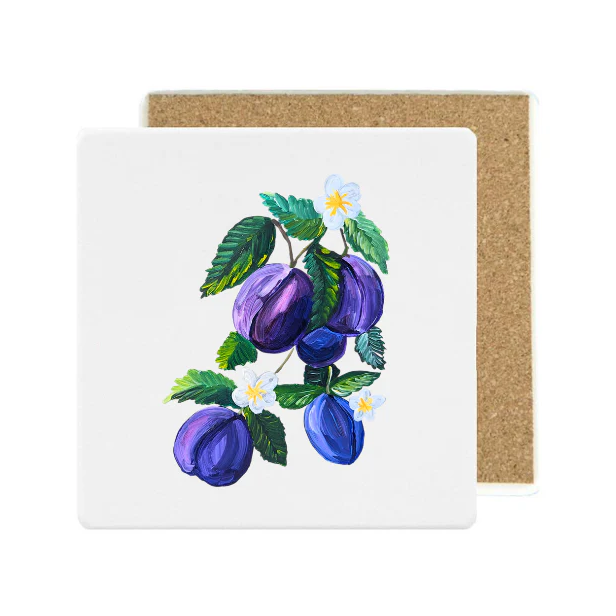 Square Ceramic Stone Coaster: Plum v1