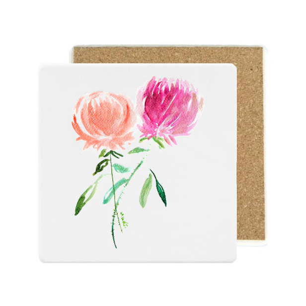 Square Ceramic Stone Coaster: Peonies
