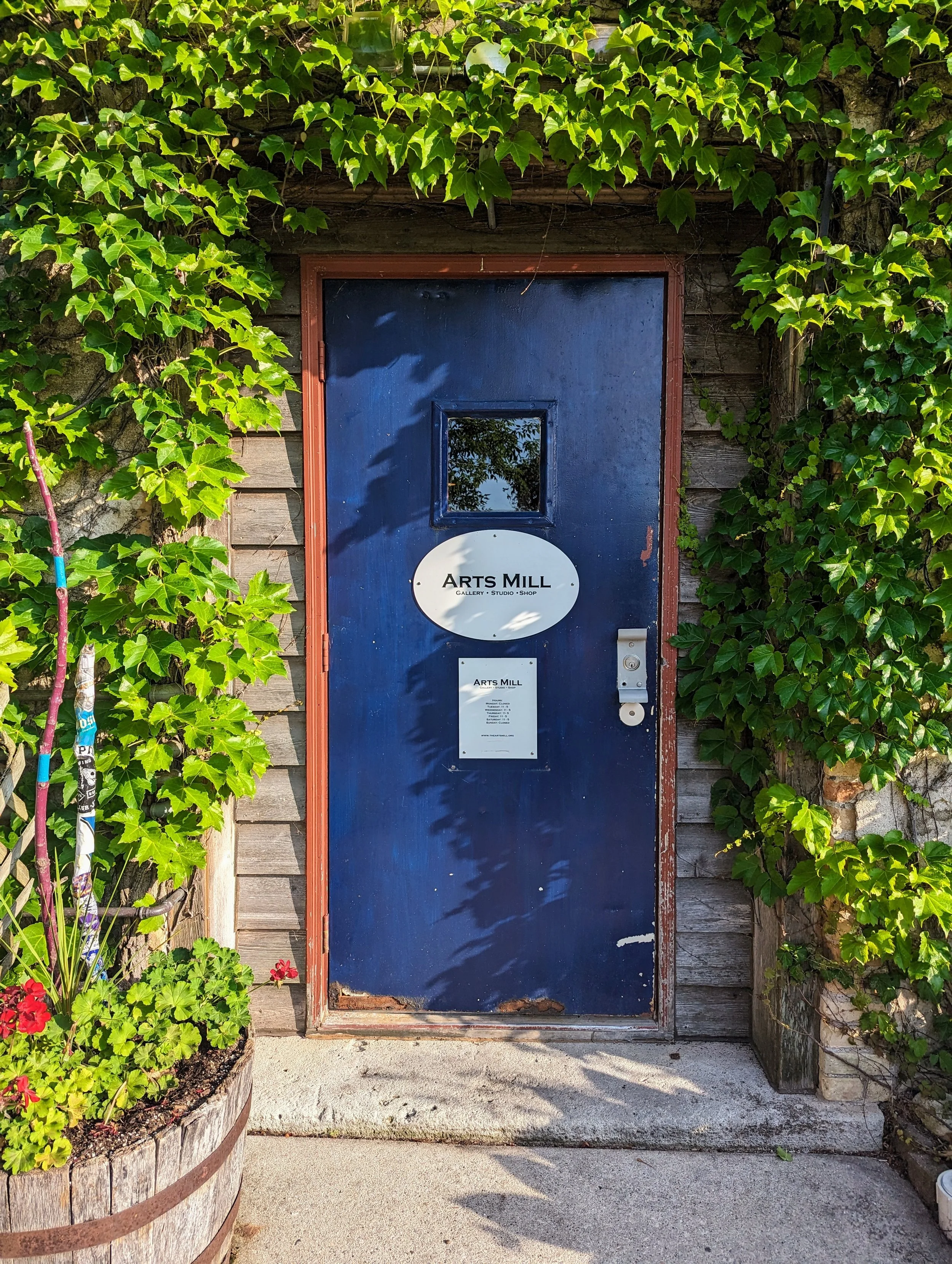 Photo of blue doors in The Arts Mill in Grafton, Wisconsin. 