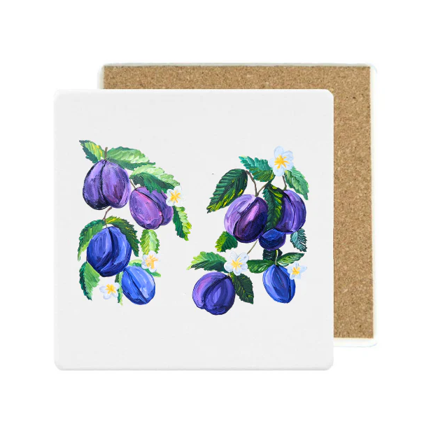 Square Ceramic Stone Coaster: Plums