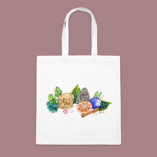 Cotton Tote Bag: Christmas in White