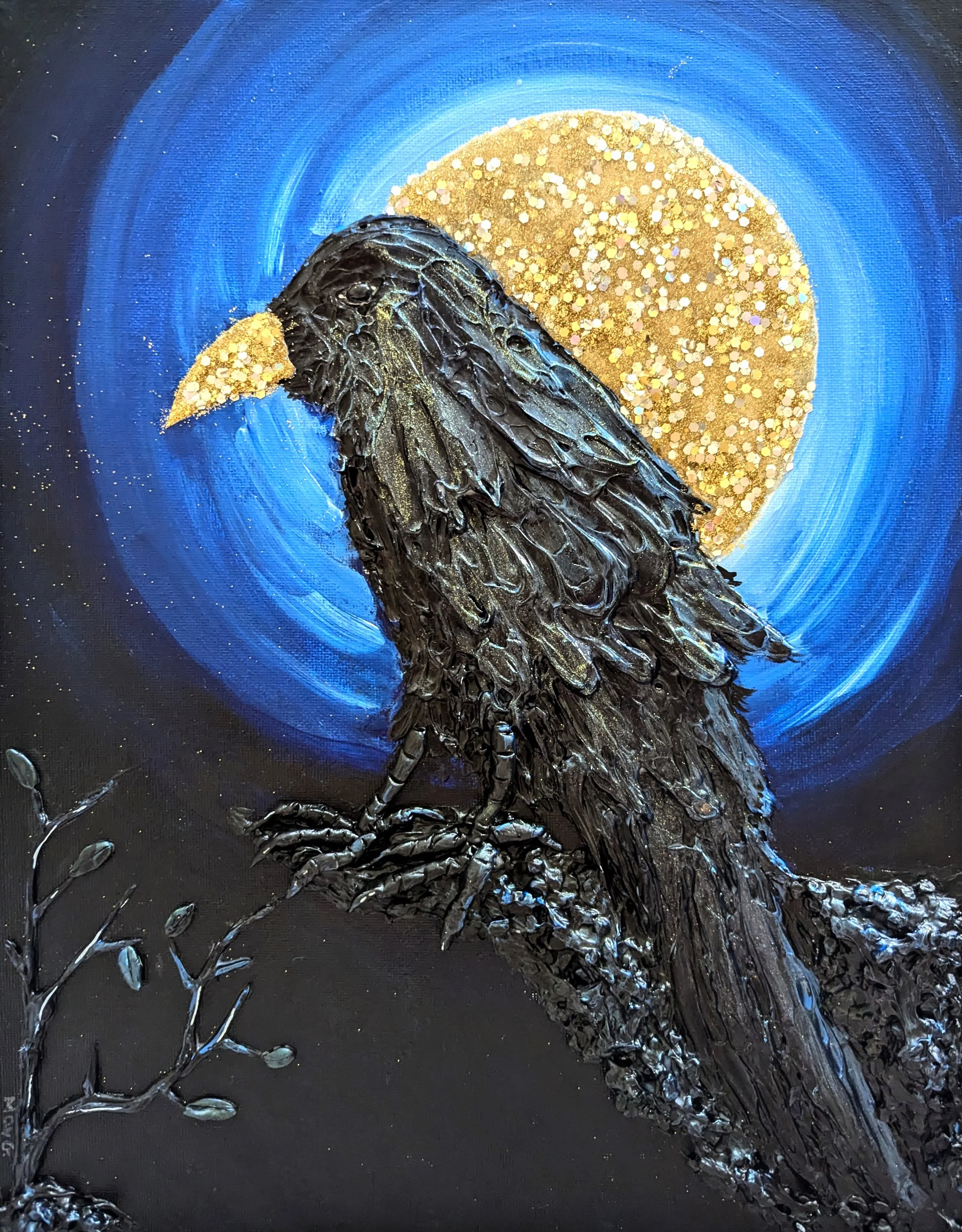 Raven's beak under golden moonlight
