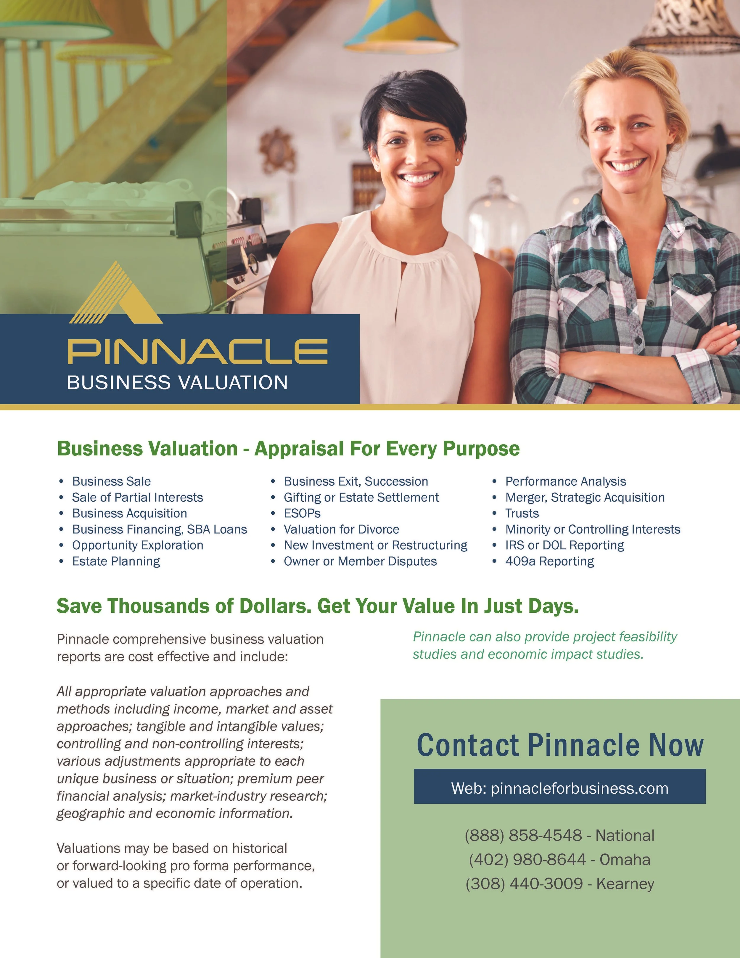 A promotional flyer for Pinnacle Business Valuation features an image of two smiling women standing in a modern cafe or office space with decorative lamps hanging from the ceiling. The flyer includes text about business valuation services, benefits, and contact information, with a blue and green color scheme.