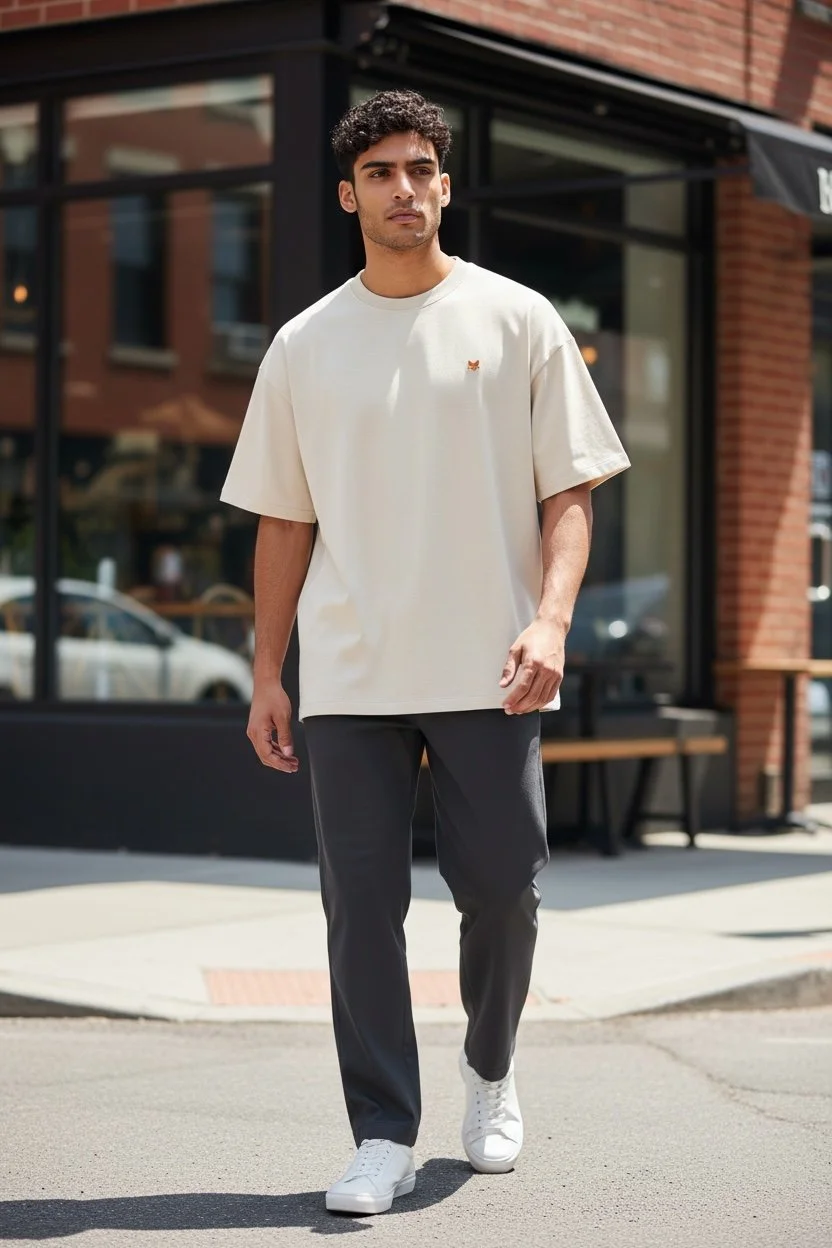L’Intemporel, T-shirt oversize ivoire en coton bio 220 g avec broderie Teddy Fox au cœur