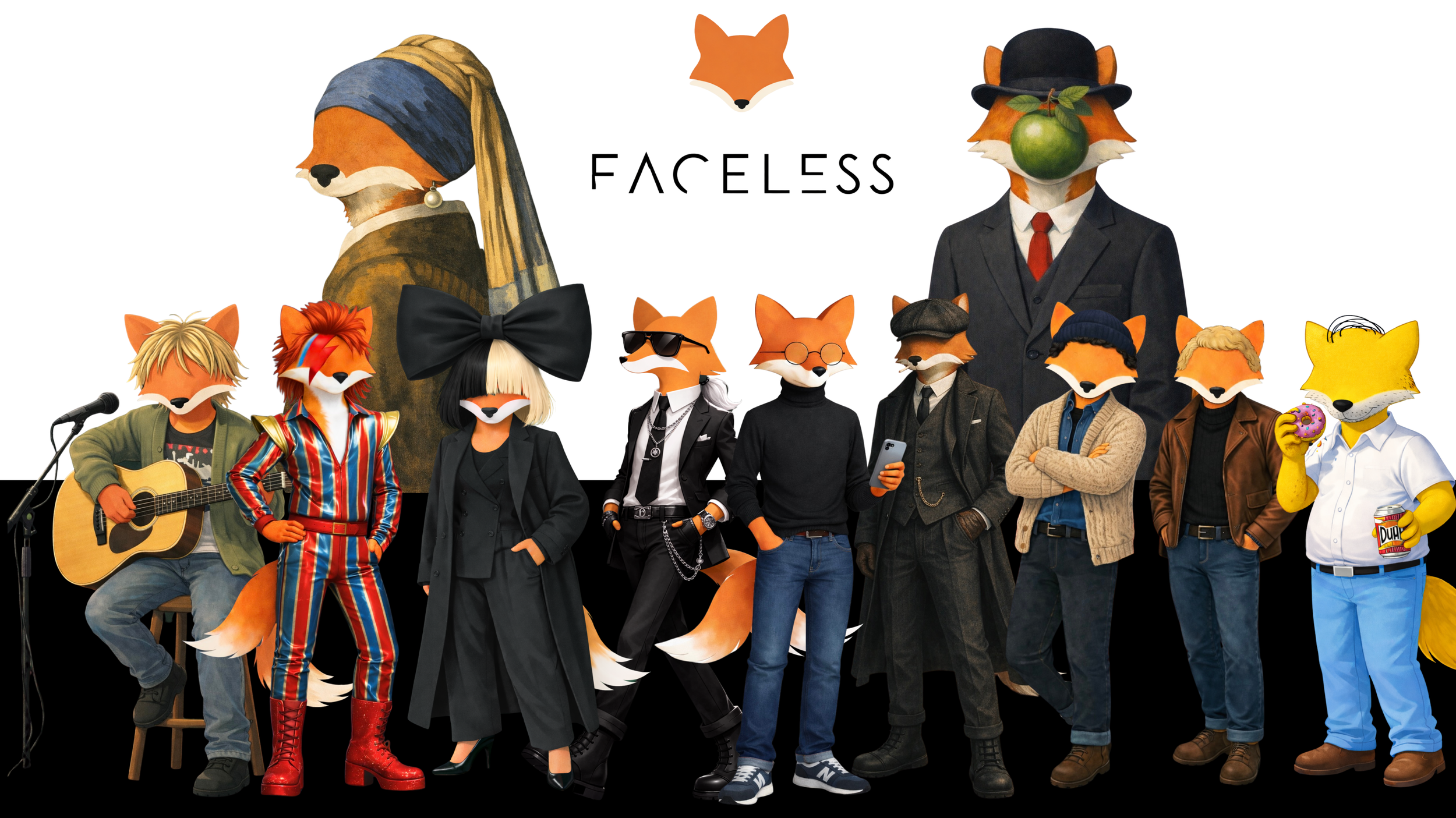 Groupe de personnages anthropomorphes de renards avec des visages humains, portant différents styles vestimentaires, certains avec des accessoires. Illustration.Fond blanc avec logo 'FACELSS' et un renard stylisé.