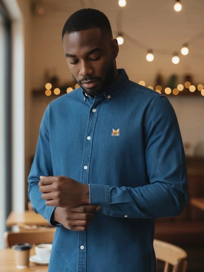 Un homme debout dans un intérieur chaleureusement éclairé, portant une chemise en denim avec un badge en forme de chat sur la poitrine.