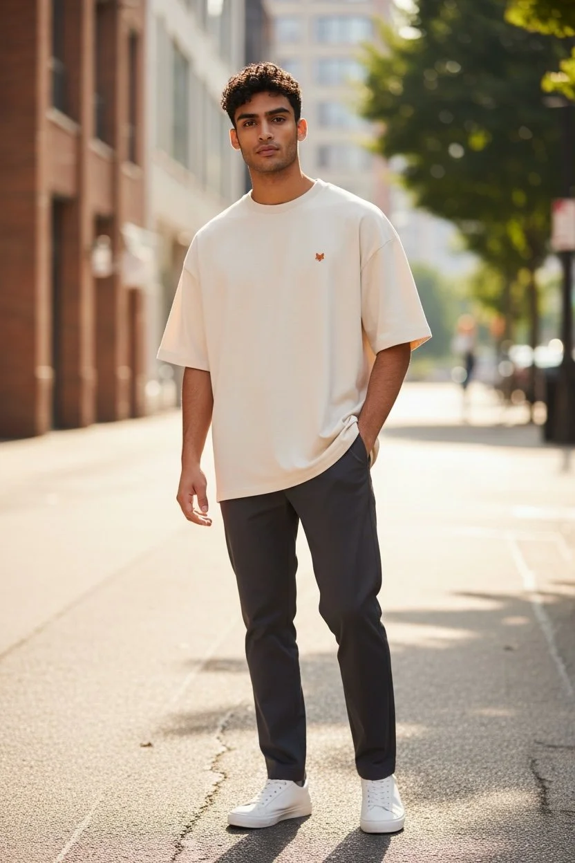 L’Intemporel, T-shirt oversize ivoire en coton bio 220 g avec broderie Teddy Fox au cœur