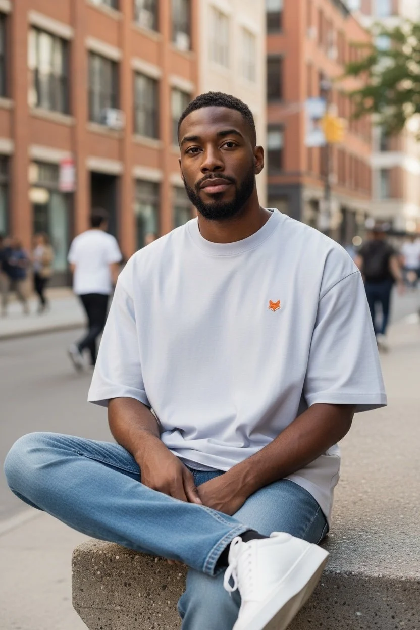L’Intemporel, T-shirt oversize ivoire en coton bio 220 g avec broderie Teddy Fox au cœur