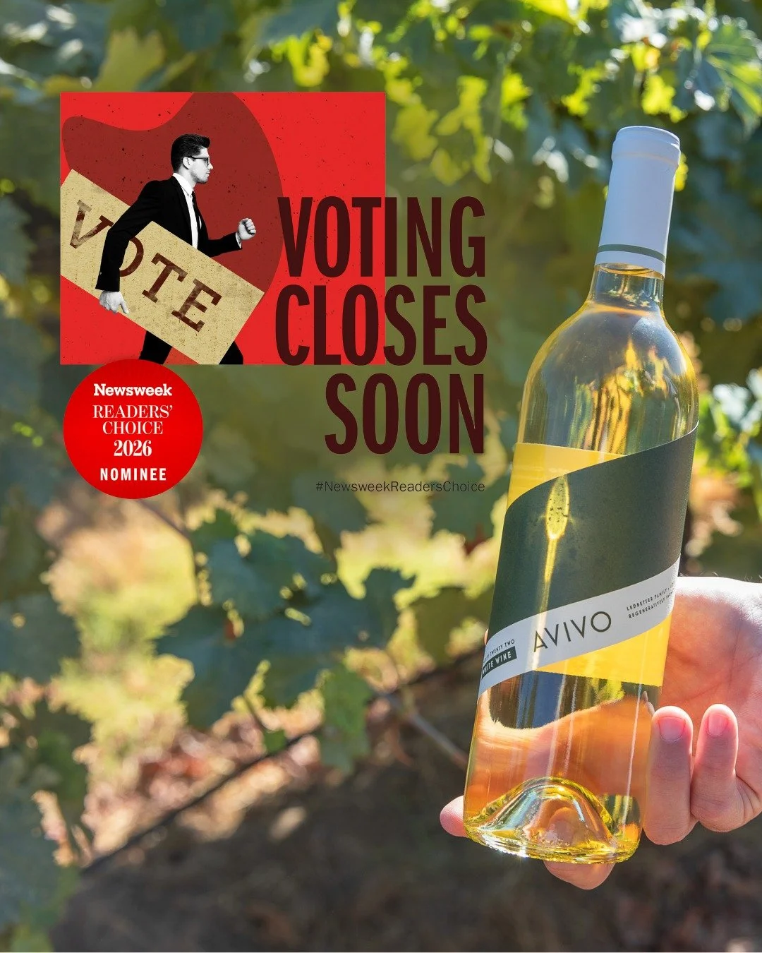 Only two days left to vote for our 2023 AVIVO White in the @Newsweek Readers' Choice Awards Best Overall Wine. Vote once per day through November 6th - link in our bio.