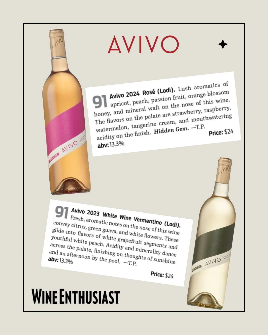 Expressive, clean, and versatile, AVIVO Ros&eacute; and White Vermentino glide on the palate with crisp, fruit-forward flavors. It's no wonder each selection earned 91 points from @WineEnthusiast.

Shop now with the link in our bio.