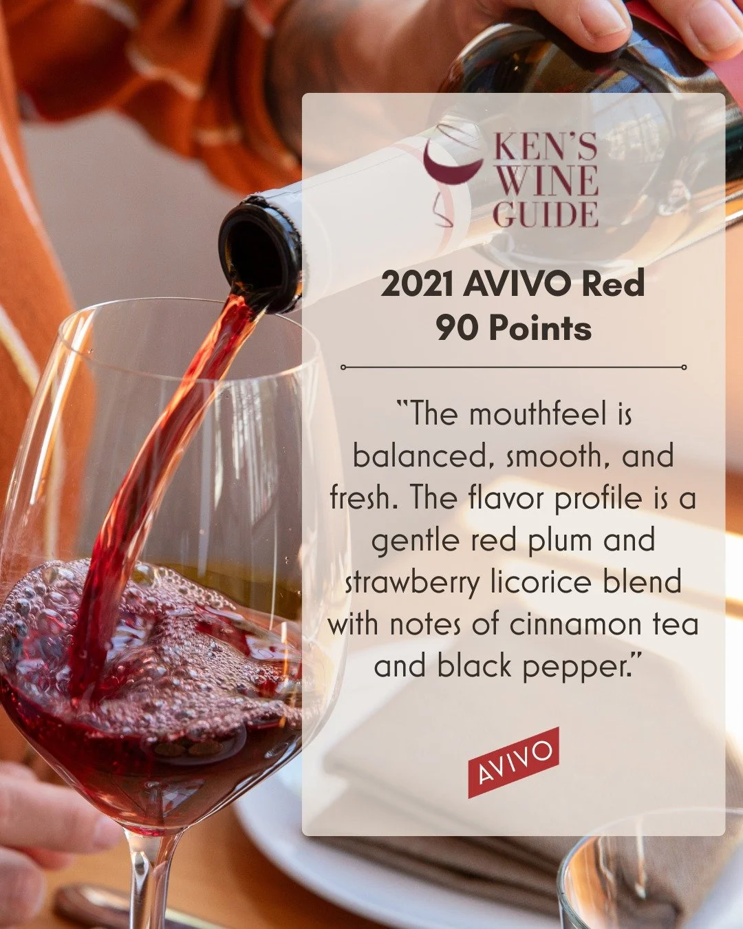 Balanced, smooth, and fresh, the 2021 AVIVO Sangiovese-based red blend lingers nicely with mild tannins and a dry finish. Learn more about our selection and 90-point rating from @kenswineguide with the link in our bio.