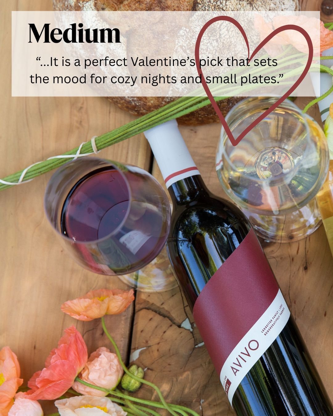 Happy Valentine's Day, friends! 
"AVIVO Wines brings a modern yet soulful approach to winemaking, with a focus on regenerative organic farming and minimal intervention. The 2021 AVIVO Red Wine is a vibrant and expressive sangiovese varietal, fea