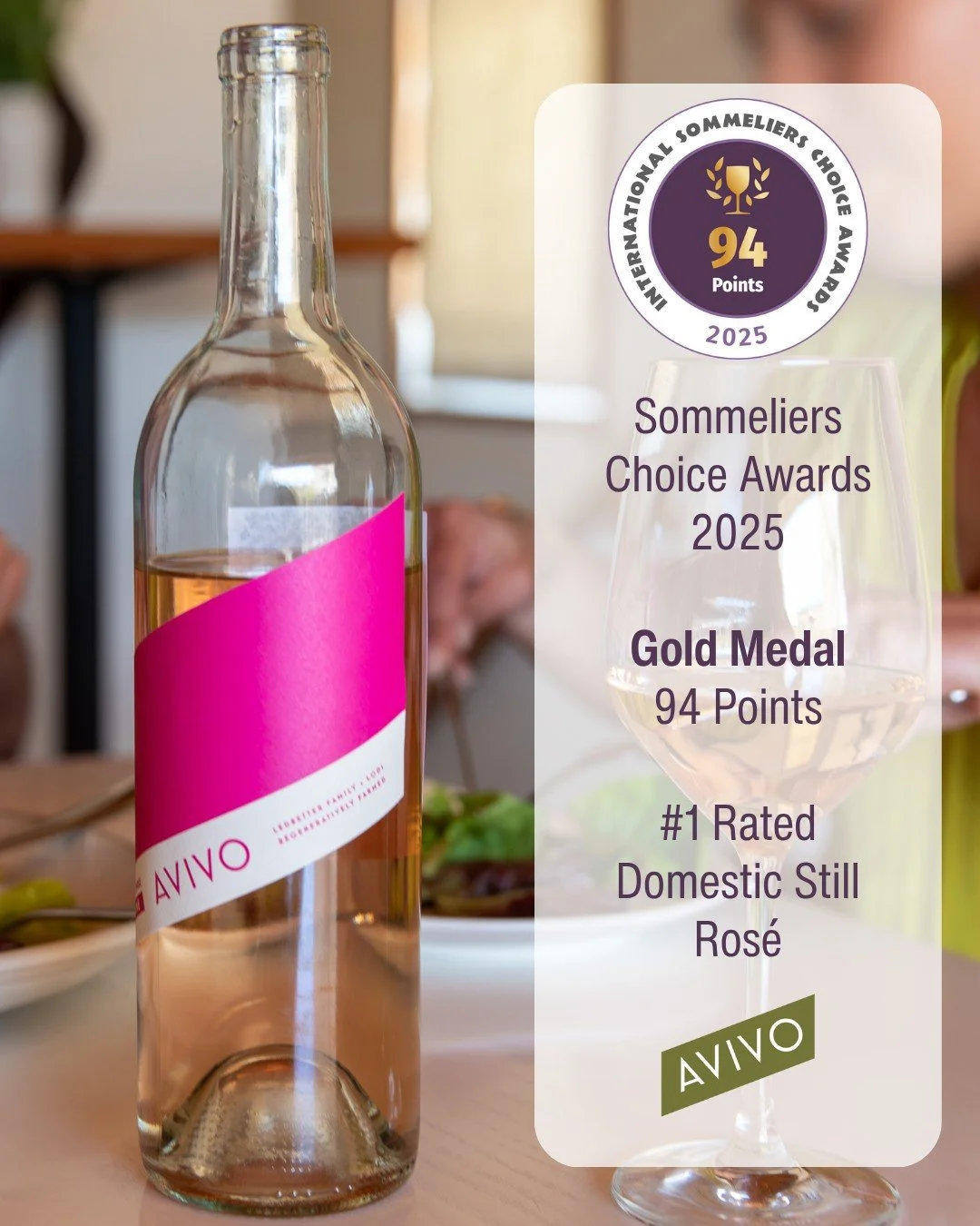 A bottle of rosé wine with a pink label next to a glass of rosé wine, with award information overlay showing a gold medal from the Sommeliers Choice Awards 2025 with 94 points, indicating it is the #1 rated domestic still rosé from Avivo.