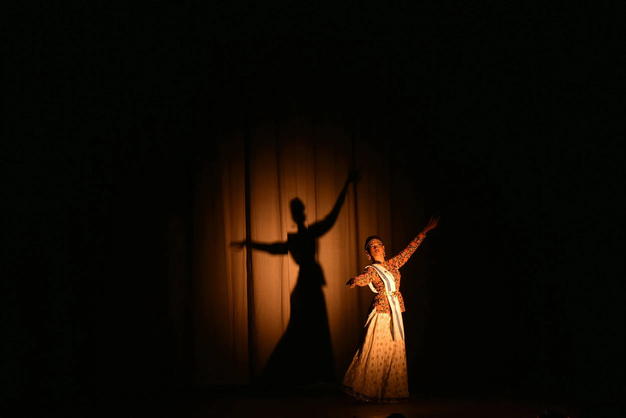 A female ballet dancer on stage in traditional costume performing with a spotlight on her, shadow cast on curtain behind her, during a performance.