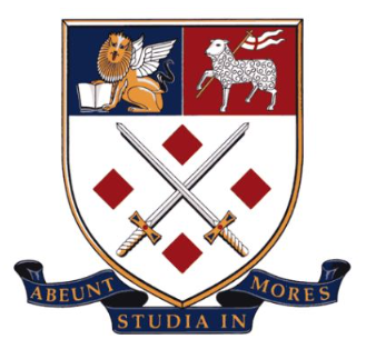 A university crest featuring a lion with wings and an open book, a unicorn, two crossed swords, four red diamonds, and a motto "Abeunt Mores Studia In."