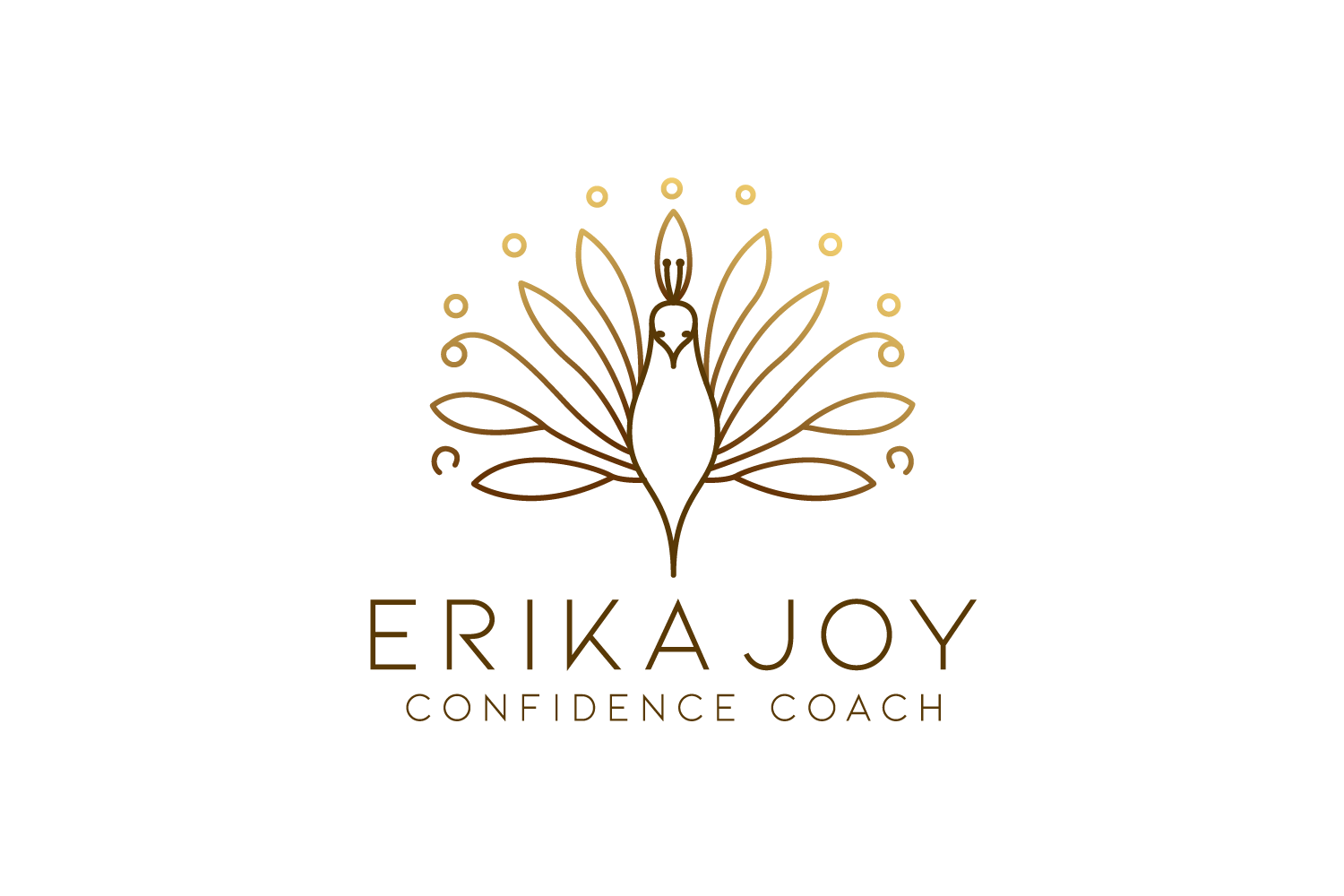 Erika Joy Confidence Coach logo featuring a silhouette of a peacock in shades of gold and brown.