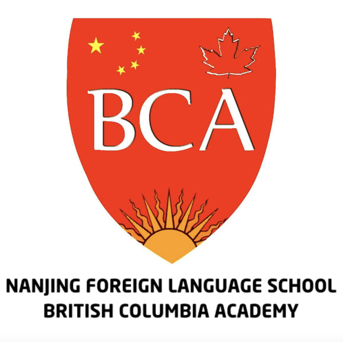 The logo of Nanjing Foreign Language School British Columbia Academy features a red shield with a stylized sunrise at the bottom, a small Chinese flag with yellow stars and a red maple leaf at the top, and the large white letters BC A in the center. Below the shield, the school's name is written in black capital letters.