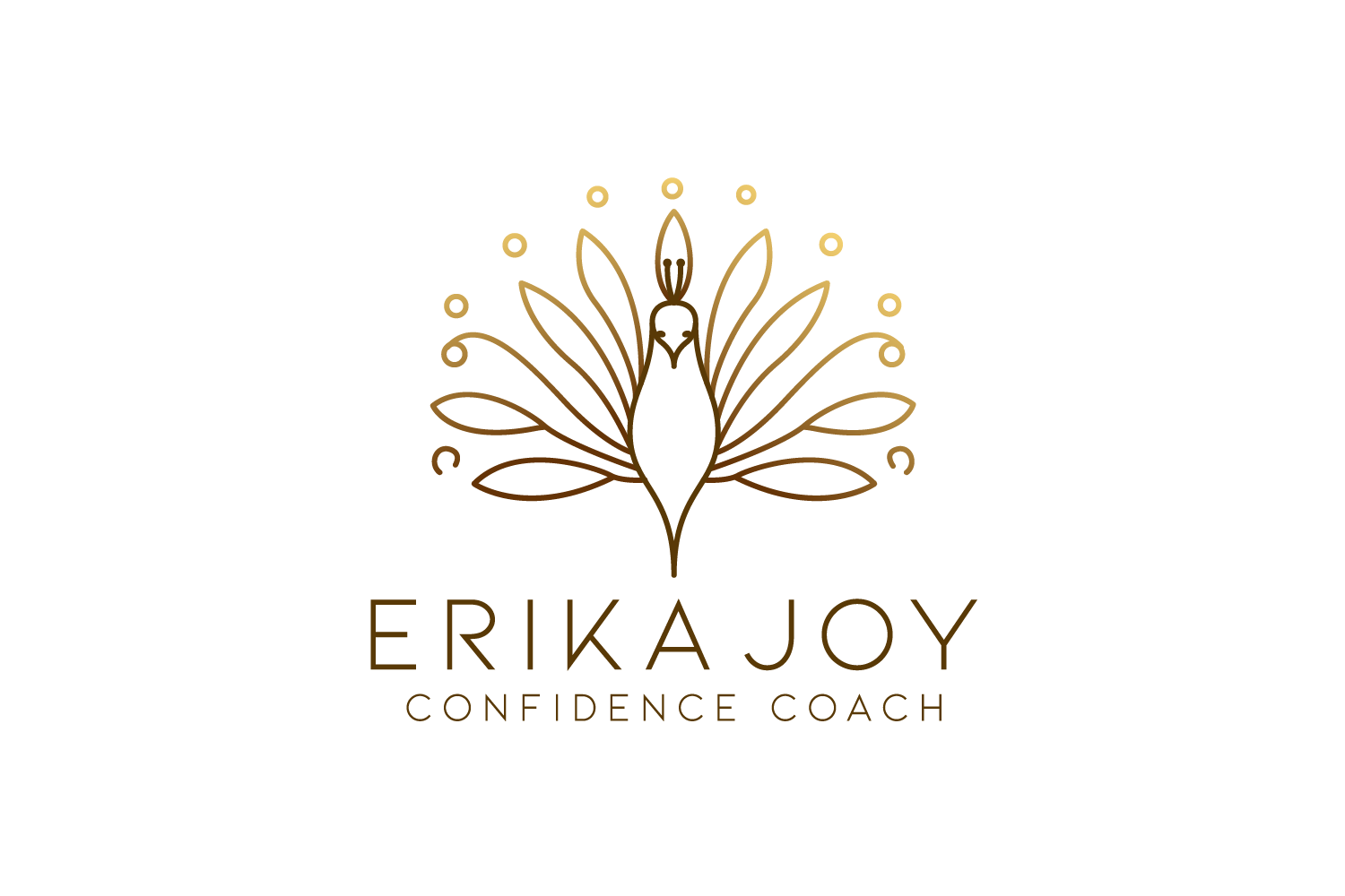 Erika Joy Confidence Coach logo featuring a silhouette of a peacock in shades of gold and brown.